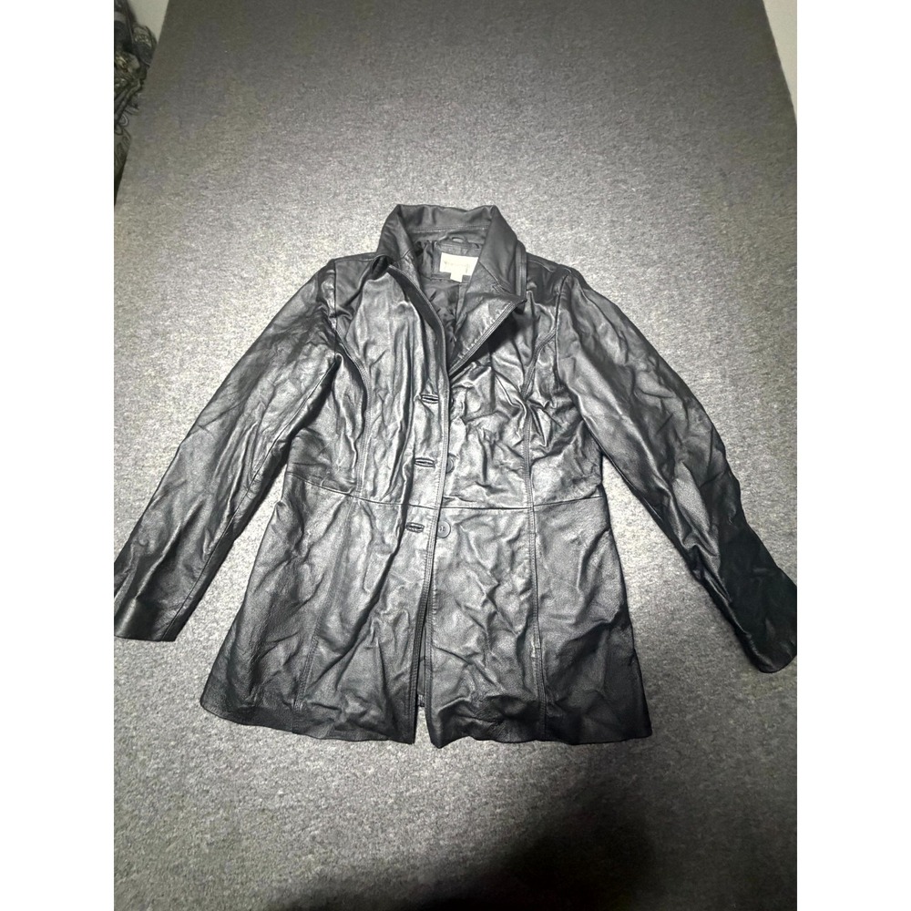 Worthington Leather Jacket Womens Medium Black Long Sleeve Collared Button Front